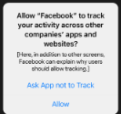 A screenshot of a mock Apple permission screen saying 'Allow Facebook to track your activity across other companies' apps and websites,' and option to block this or allow.