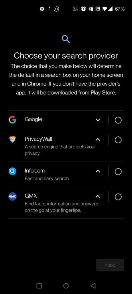 A screenshot of search provider choice screen on Android.