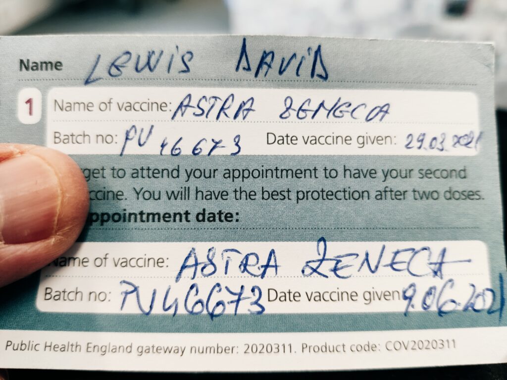 NHS vaccination card showing two vaccines of Astra Zeneca have been administered.